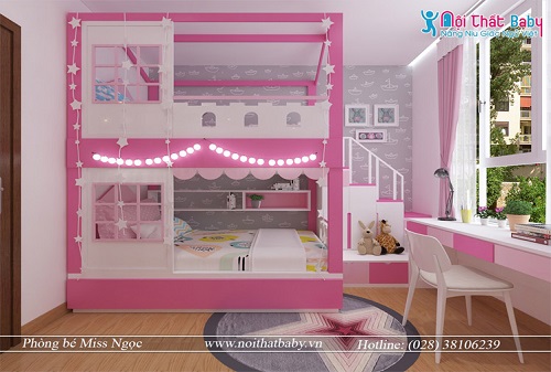 Thiết kế giường tầng cho bé màu hồng xinh xắn - BBP014